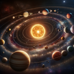 Realistic illustration of a solar system with a central star, various orbiting planets including rocky inner planets and gas giants, and an asteroid belt.